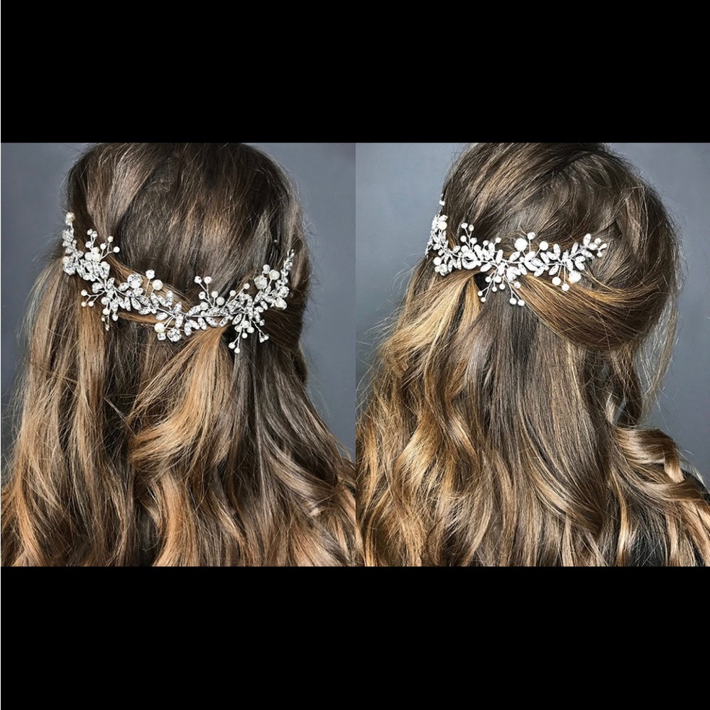 Boho Wedding Hair Accessory: Silver Bridal Hair Vine with Leaves Pearls Crystals
